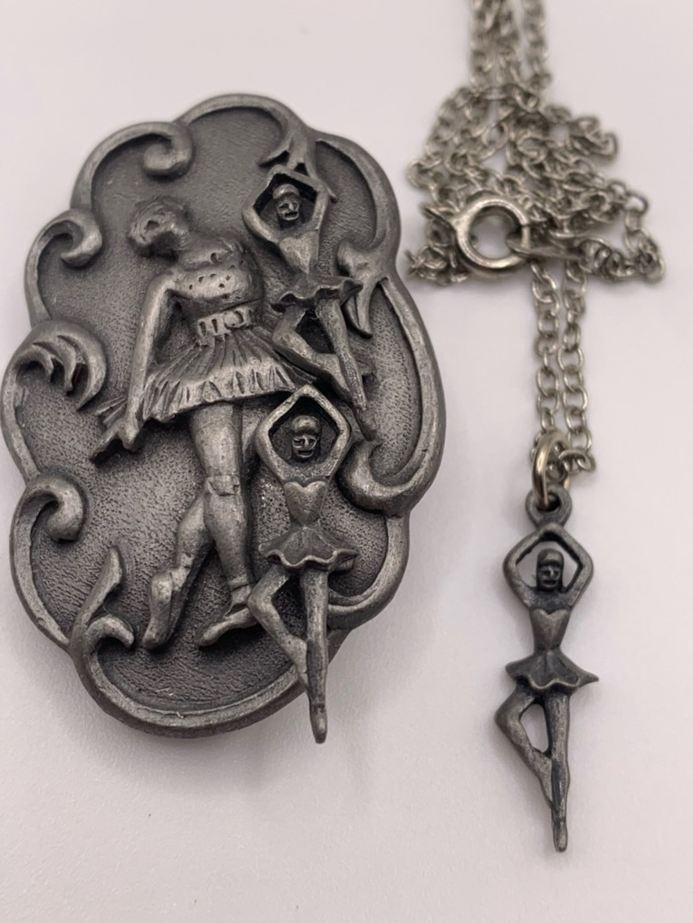 Ballerina Pendant Necklace Set - Pewter Metal Ballet Dancer Brooch and earrings